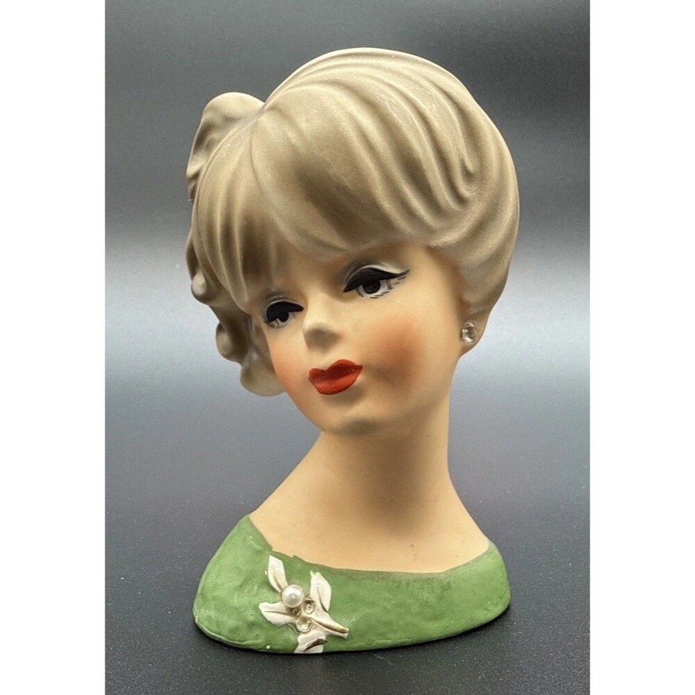 Vtg Napcoware Lady Head Vase #C7471 Green Dress Missing Pearls 50’s 4.5” Tall